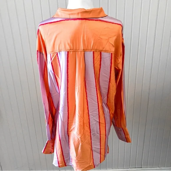 Entro In Your Heart Peach Orange Striped Blouse Silky Satin Top - Picture 7 of 8